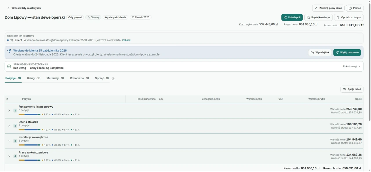 Project estimate with items and quantities in Kaldrix
