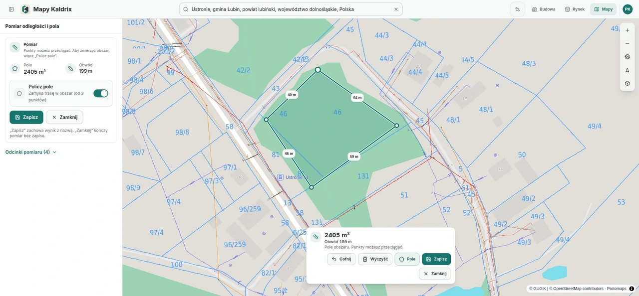 An example area measurement with perimeter and area on Kaldrix Maps