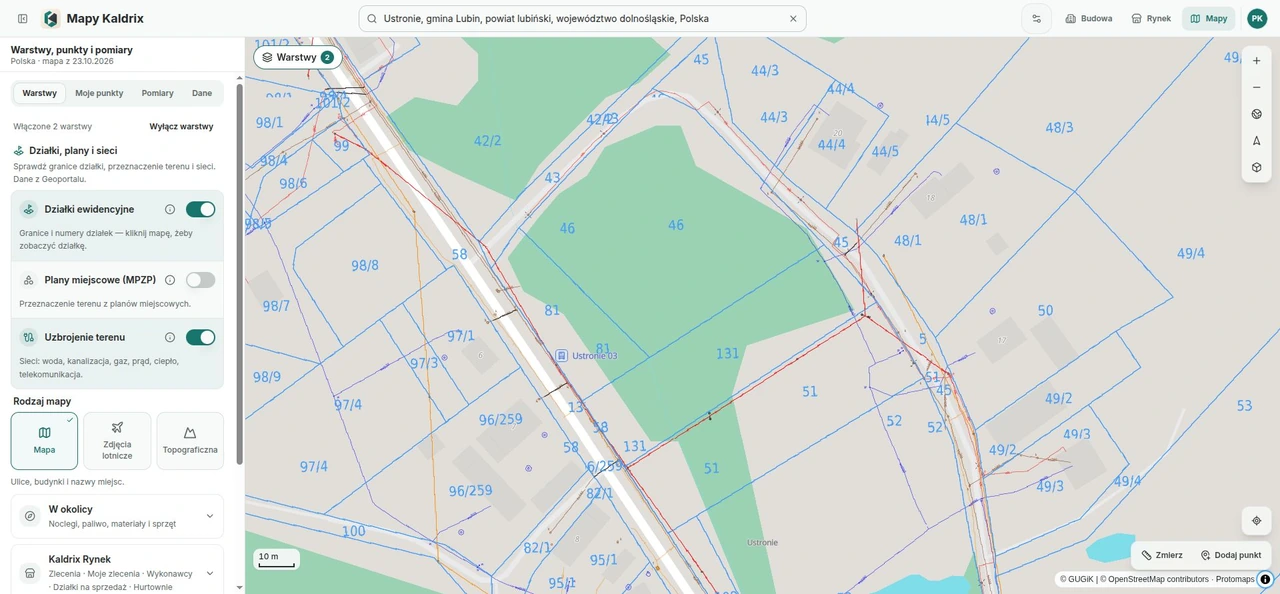 Parcel boundaries and utility networks in Ustronie, Lubin, on Kaldrix Maps